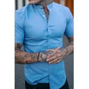 Modern Men's Stand Collar Whole Color Button Closure Short Sleeve Shirt