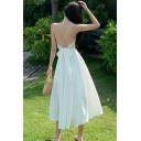 Simple Girl's Whole Color Slim Suspender Backless Beach Dress