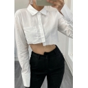 Modern Girl's Pure Color Long Sleeve Slim Fitted Spread Pockets Shirt