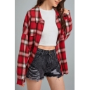 Street Style Girl's Plaid Pattern Button Downs Lapel Long Sleeve Shirt