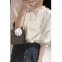 Round Neck Long Sleeve Plain Shirts Button Down Loose Fit Shirt