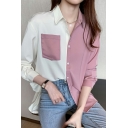 Lapel Neck Long Sleeve Shirts Button Down Color Block Shirts