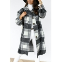 Long Sleeve Lapel Neck Coat Grid Long Length Women’s Coat