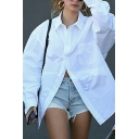 Simple Girl's Solid Color Long Sleeve Button-down White Shirt