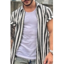 Modern Men's Stripe Pattern Short Sleeve Fitted Button-Down Shirts