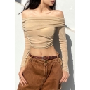 Modern Girl's Pure Color Sexy Off-shoulder Pleats Slim Fit Navel Cropped T-Shirt