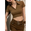 Modern Girl's Pure Color Short Sleeve Slim Fit Lapel Polo Shirt