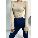 Modern Girl's Pure Color Long Sleeve Round Neck Slim T-Shirt