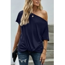 Modern Girl's Pure Color  Slant Collar Strapless Casual Pleats T-Shirt
