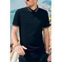 Fashionable Men‘s Stripe Print Button Detail Spread Collar Regular Fit Polo Shirt
