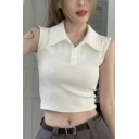 Modern Girl's Pure Color Extra Slim Fit Sleeveless Lapel Polo Shirt