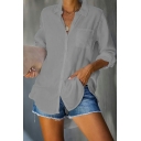 Fashionable Girl's Pure Color Long Sleeve Button Spread Shirt