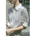 Modern Girl's Pure Color Short Puff Sleeve Regular Fit Breasted Blouses