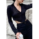 Sexy Women’s Plain Long Sleeve Slim Fit Lapel Neck Polyester Polo Shirt In Black