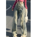 Feminine Girl's Pure Color High Rise Street Looks Straight Leg Pants Jeans
