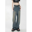 Vintage Girl's Pure Color High Rise Street Looks Straight Leg Pants Jeans