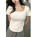 Modern Girl's Simple Square Neck Short Sleeve Street Looks T-Shirt