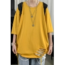 Trendy Men’s Plain Loose Fitted Round Neck Half Sleeve T Shirt With Destroyed Design