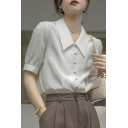 Modern Girl's Pure Color Short Sleeve Breasted Lapel Blouses