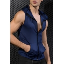 Athletic Men’s Plain Slim Fitted Hooded Sleeveless Tank With Zipper Fly