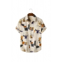 Fashionable Men’s Print Lapel Neck Short Sleeve Polyester Button-down Shirt