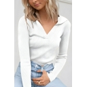 Fashionable Girl's Simple Pure Color Long Sleeve Lapel Polo Shirt