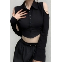 Exclusive Women’s Plain Long Sleeve Lapel Neck Shirt With Button Down