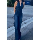 Fashionable Girl's Pure Color Denim Street Looks Pocket Denim Cargo Jumpsuit