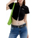 Trendy Women’s Plain Lapel Neck Short Sleeve Slim Fitted Polo Shirt With Zipper Fly