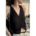 Street Style Girl's Pure Color Button V-Neck Camis &Tanks