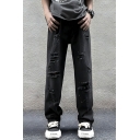 Trendy Men’s Plain Distressed Full Length Loose Fit Jeans With Pockets