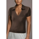 Fashionable Girl's Simple Pure Color Short Sleeve Lapel Polo Shirt
