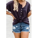 Modern Girl's Simple Pure Color Short Sleeve Button-Down T-Shirt