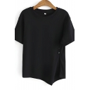 Simple Girl's Solid Color Irregular Button Detail Short Sleeve T-Shirt