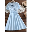 Girl Creative Solid Color Button Detail Short Sleeve Summer A-line Dress