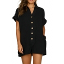 Street Style Girl's Pure Color Button  Short Sleeve Rompers