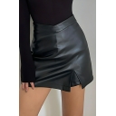 Fashionable Women's Solid Color Summer Slit Pu Leather Skirt