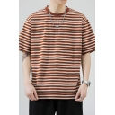 Creative Boys Striped Pattern Round Neck Summer 5-quarter Sleeve T-shirt
