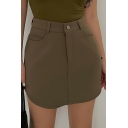 Girl Street Look Solid Color Zipper Design Summer High Waist Skirt