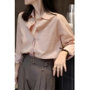 Girl Vintage Solid Color Long Sleeve Lapel Loose Breasted Shirt