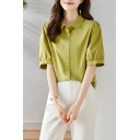 Girls Fashion Solid Color Short Sleeve Lapel Loose Buttoned Shirt
