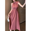 Creative Girl's Solid Color Sleeveless High-end Retro Halter Neck Dress