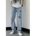 Retro Men's Pure Color Elastic Straight Street Looks Mid Rise Jeans