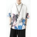 Boys' Edgy Chinese Style Print Pattern Mid-Sleeve Lapel Loose Buttoned Shirt