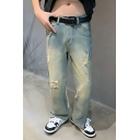 Retro Men's Solid Color Straight-leg Ripped Zipper Detail Jeans