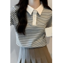 Simple Girls Striped Pattern Button Detail Short Sleeve Polo Shirt