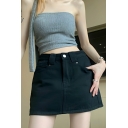 Retro Women's Solid Color Pocket Decoration Slim Fitted Denim Skirt