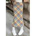 Simple Girl's Plaid Pattern Summer High Waist Slim A-line Skirt
