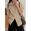 Girl Vintage Solid Colorfive Quarter Sleeve Lapel Straight Breasted Shirt