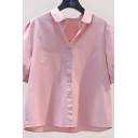 Girls Retro Solid Color Short Sleeve Lapel Loose Buttoned Shirt